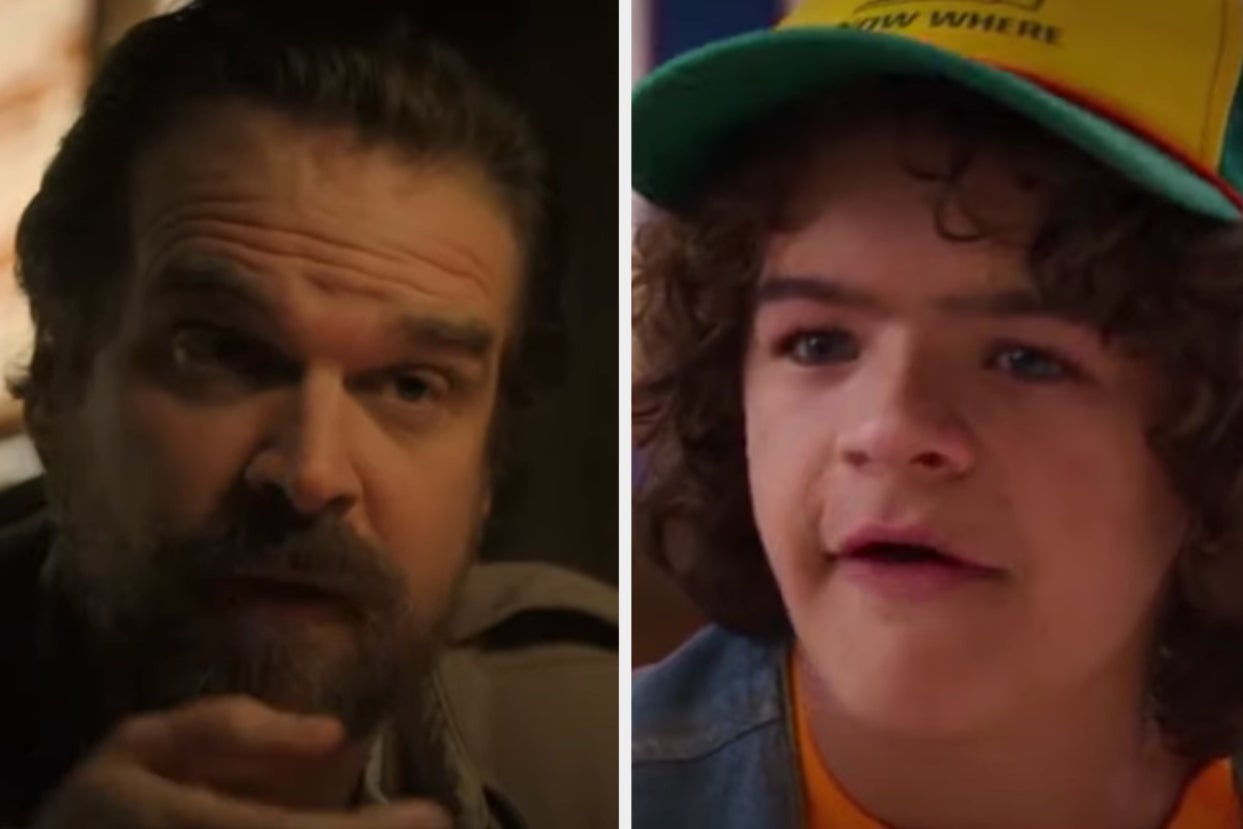 Hopper is on the left pointing his finger with Dustin on the right