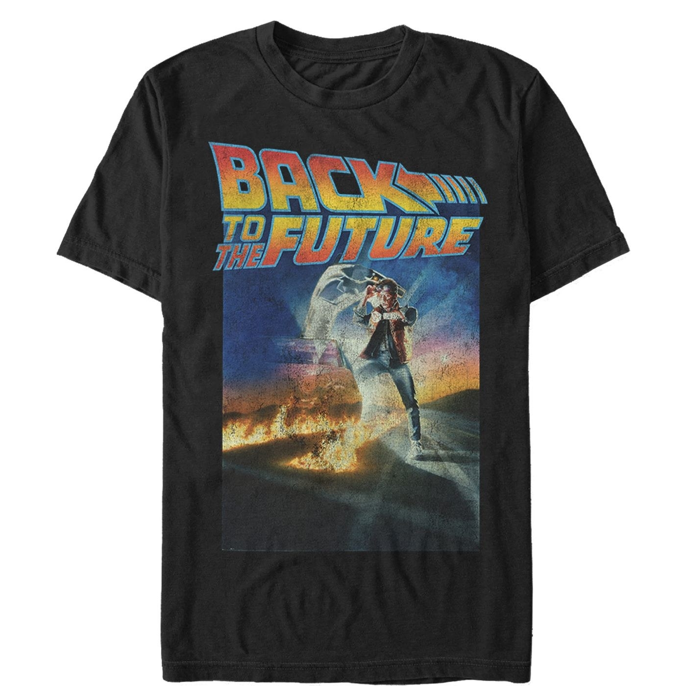 Black, orange and blue shirt with marty mcfly on the front