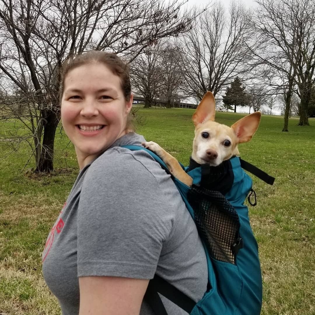 owner with dog on back in backpack