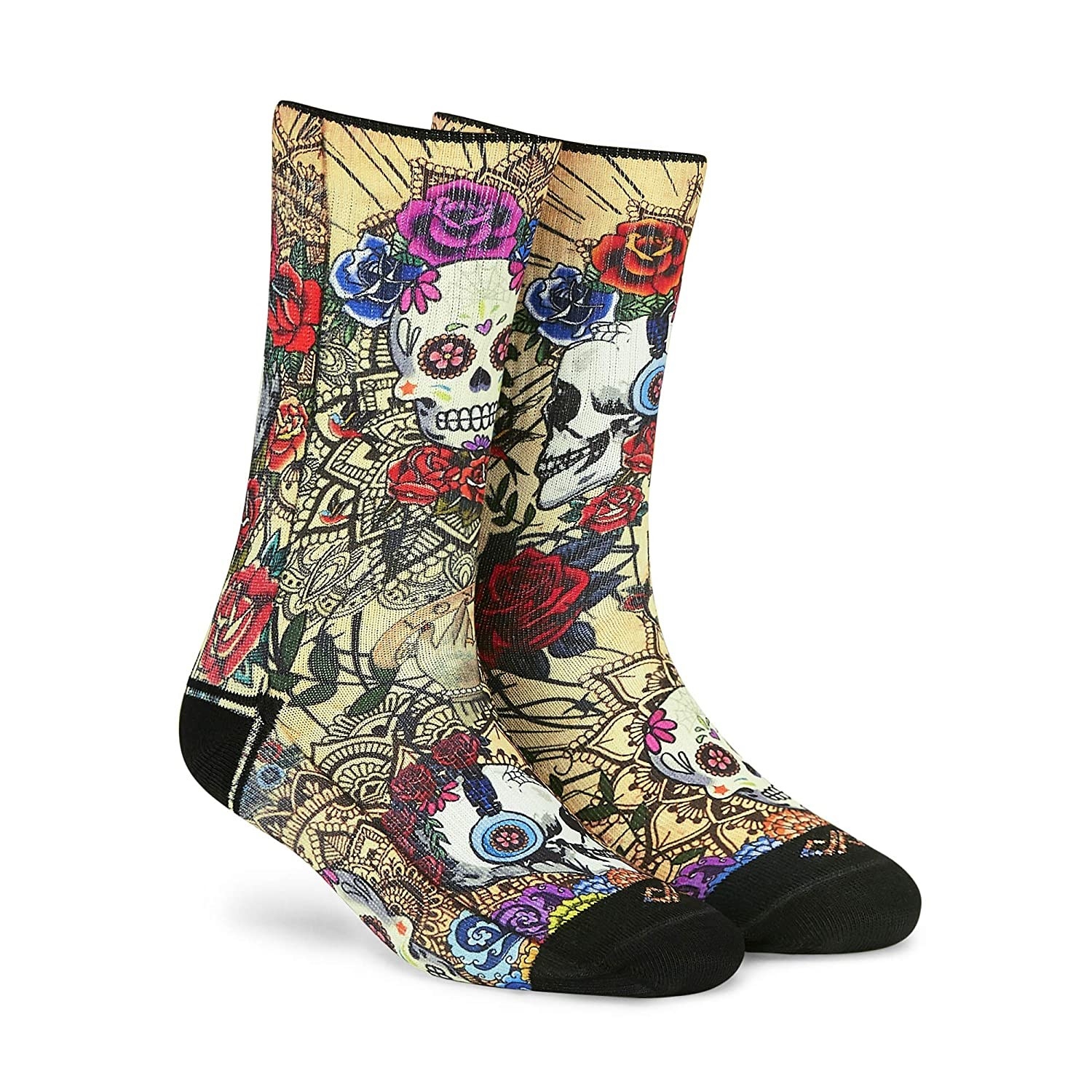 The socks have an abstract print of flowers, mandalas, and skulls