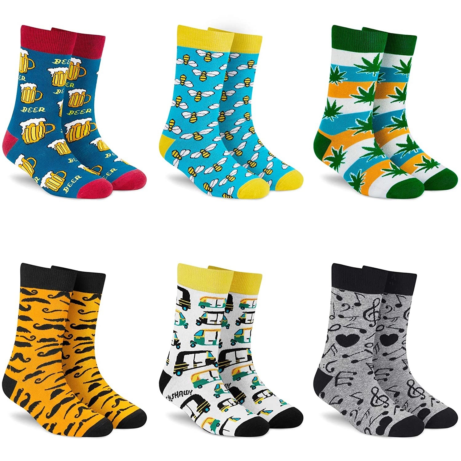 6 pairs of colourful socks with beer, bees, leaves, moustache, rickshaw, and musical notes prints