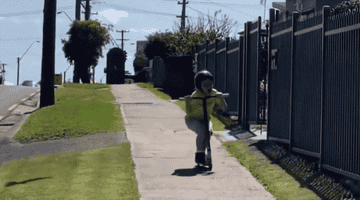 A young child screaming while on a scooter as a magpie follows him