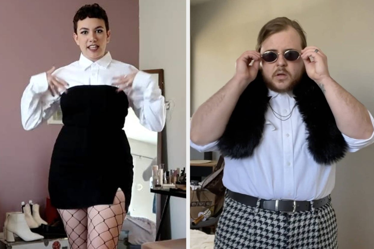 left image: person wearing button up under black dress, right image: person wearing button up with patterned pants and accessories