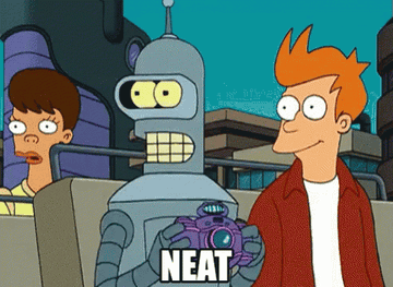 A gif of Bender from Futurama saying neat and snapping a photo with a futuristic camera