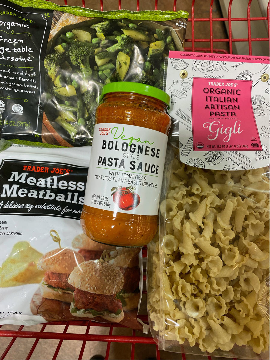 Vegan Bolognese sauce + meatless meatballs + pasta + green vegetable foursome