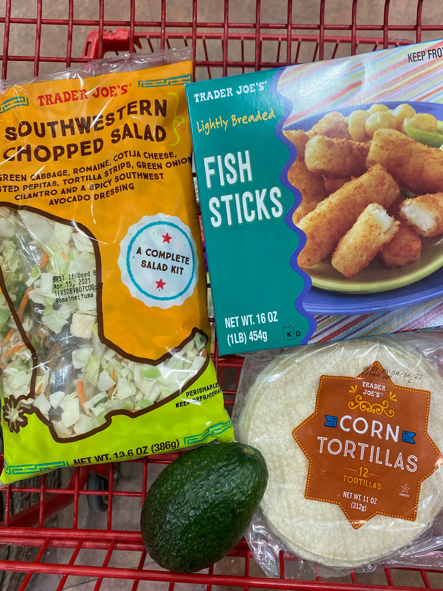  Lightly breaded fish sticks + corn tortillas + Southwestern chopped salad + avocado