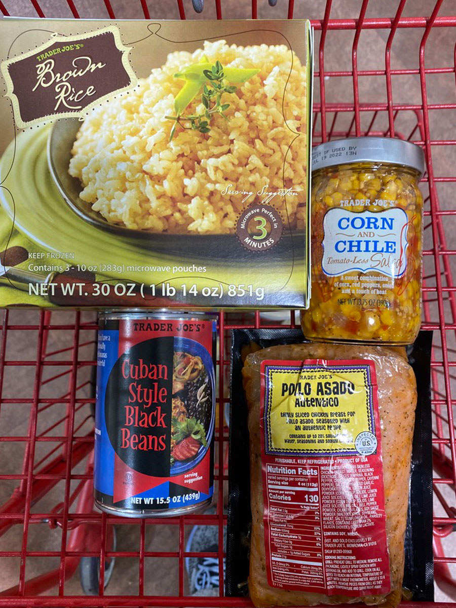 Brown rice + corn and chile tomato-less salsa + pollo asado autentico + Cuban-style black beans