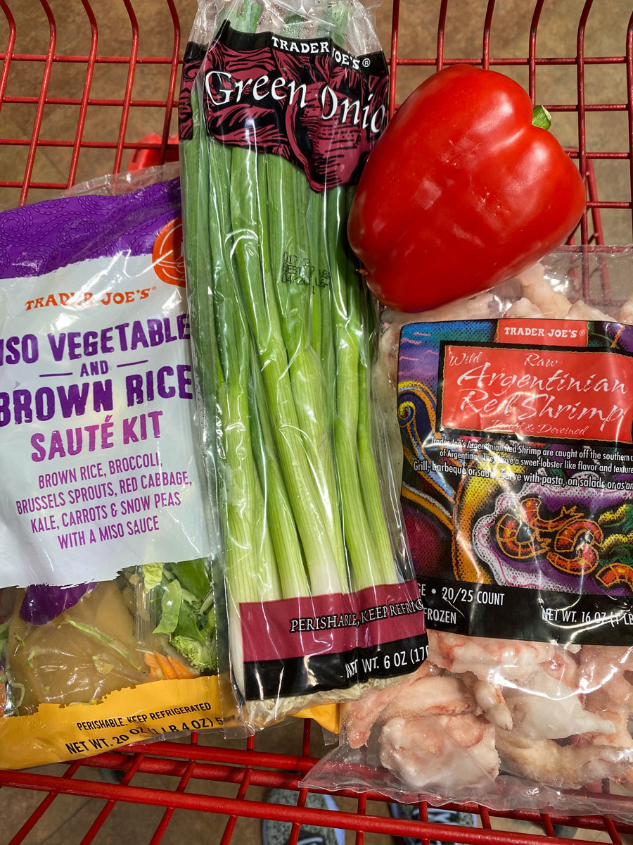 Miso vegetable and brown rice sauté kit + frozen shrimp + scallions + bell pepper