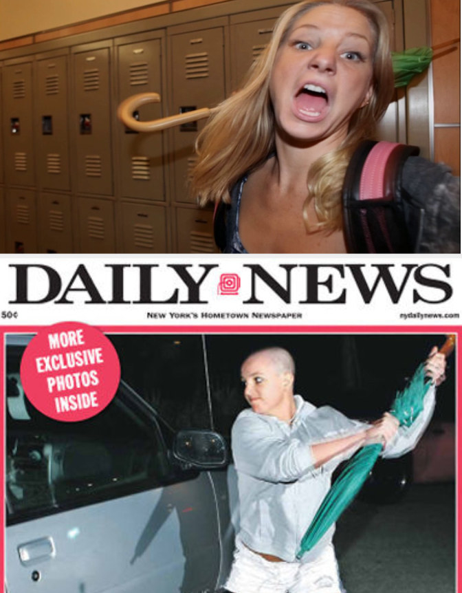 Brittany smashing a blog camera with an umbrella; the Daily News cover of Britney Spears smashing a car with an umbrella
