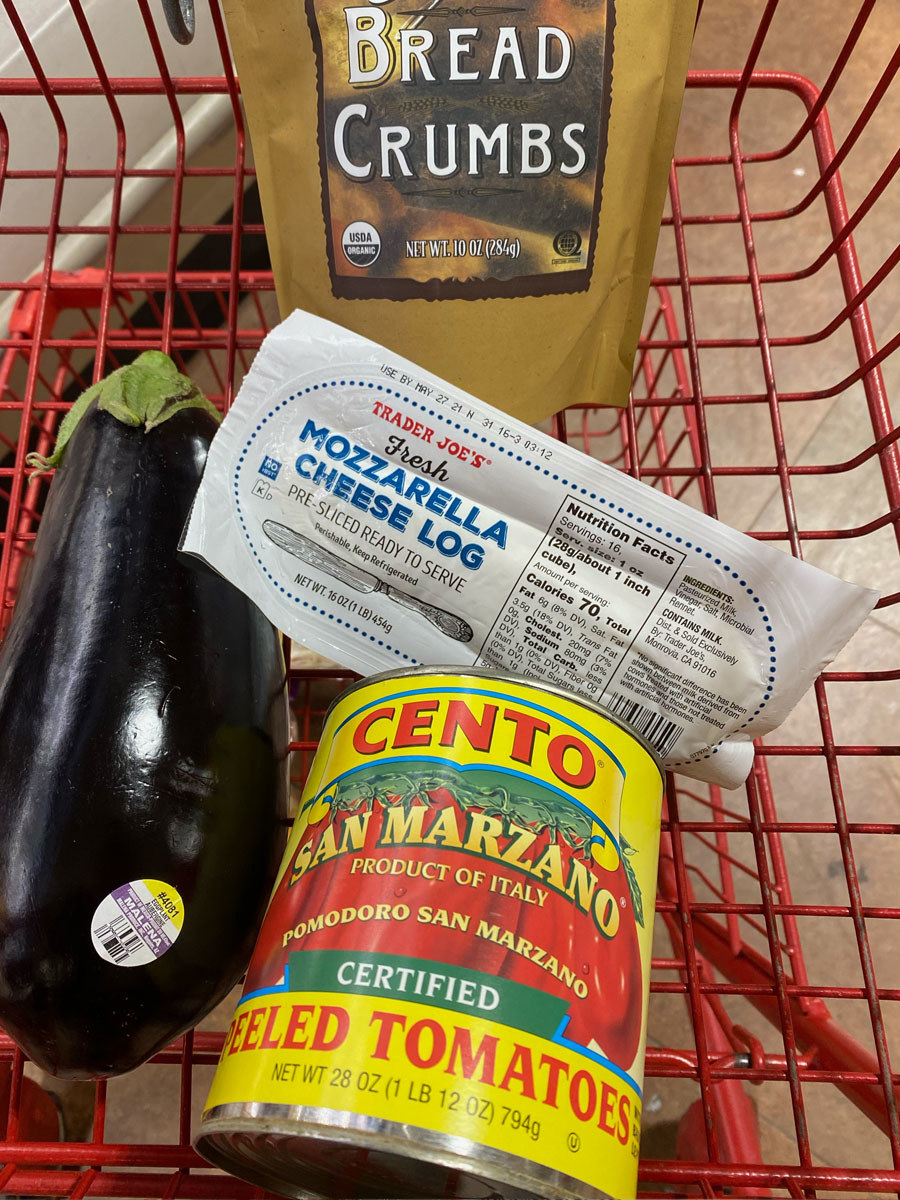 Eggplant + San Marzano peeled tomatoes + Italian breadcrumbs + Mozzarella cheese log