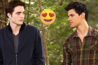 Robert Pattinson as Edward Cullen and Taylor Lautner as Jacob Black in the movie 