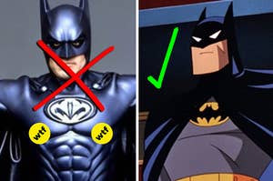 a weird live action batman with nipples on the costumes next to a cool animated batman