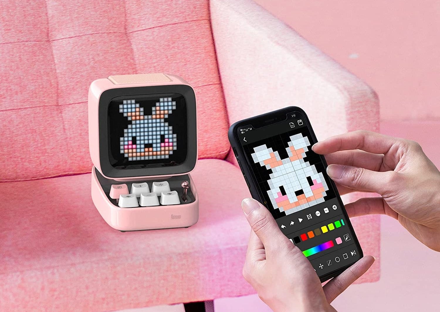 person drawing a bunny on the app and it showing up on the speaker