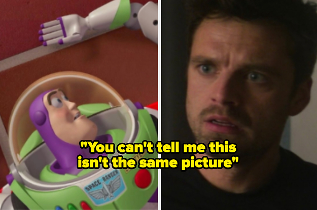 Buzz Lightyear and Bucky after losing their arms, with the text