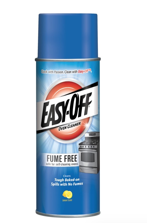 A 14.5 oz bottle of lemon-scented Easy Off oven cleaner that is fume free