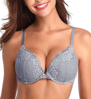 A model wearing the bra in grey 