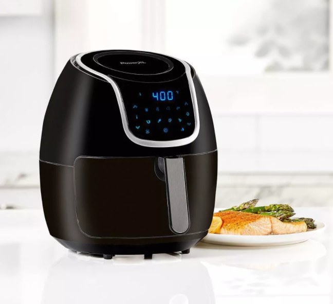 A 6-in-1 in air fryer that has air fryer, dehydrator, pizza oven, baking oven, roaster, and reheat settings