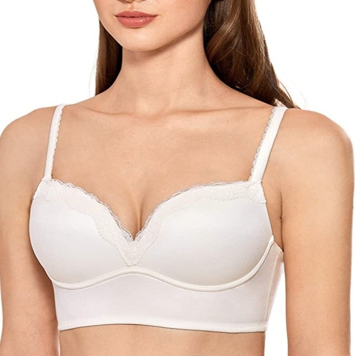 Model wearing the white bralette