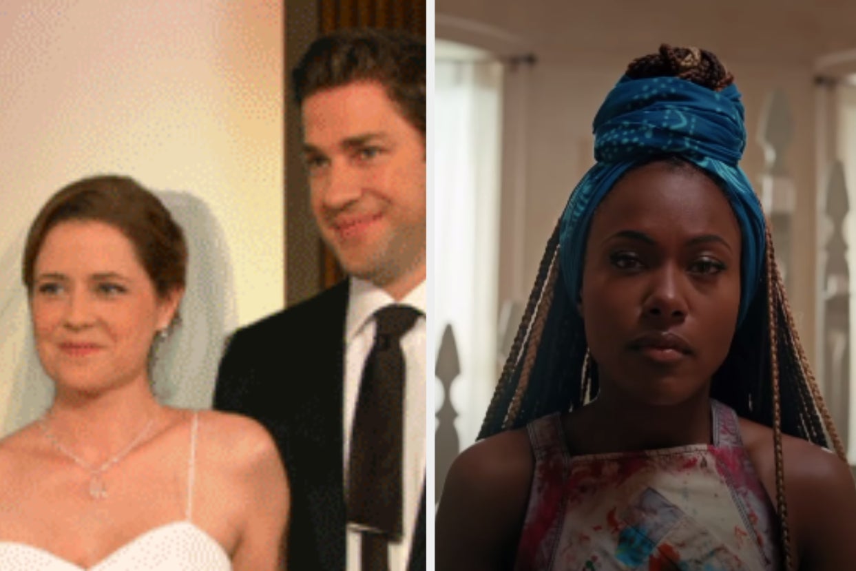 A couple on their wedding day, a Black woman staring into the camera