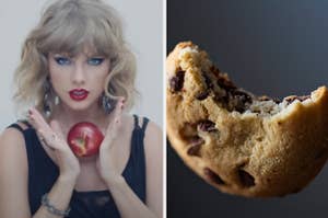 Taylor Swift is on the left holding an apple with a bitten cookie on the right