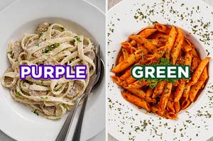 On the left, some fettuccine Alfredo with mushrooms labeled "purple," and on the right, some penne pasta with marinara sauce that's topped with parsley labeled "green"