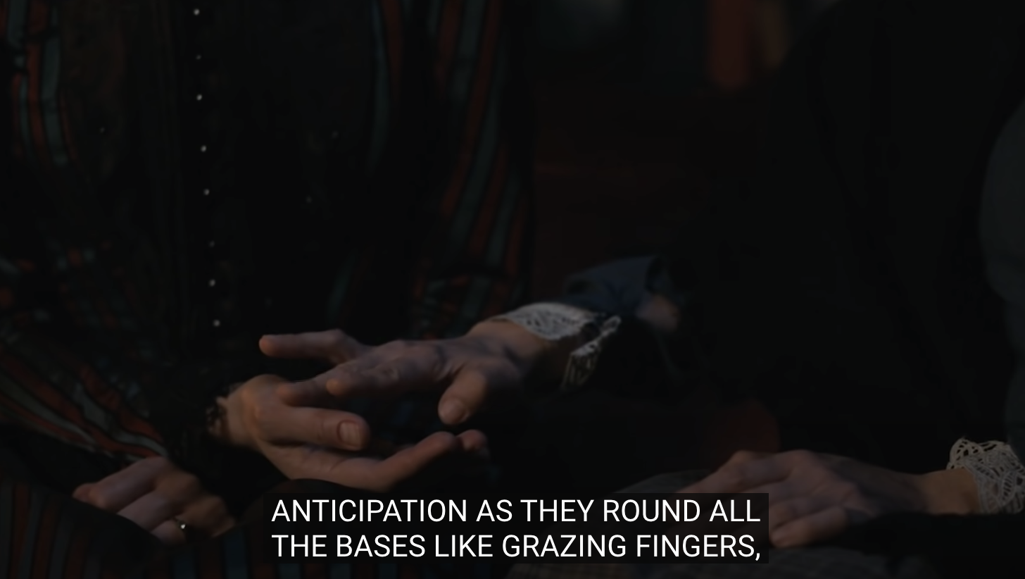 Two women holding hands with the caption &quot;Anticipation as they round all the bases like grazing fingers&quot;