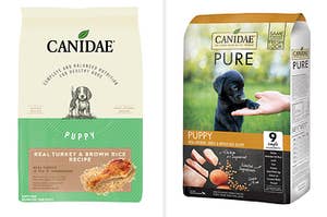 A bag of Canidae Puppy Dry Dog Food and Canidae PURE Puppy Dry Dog Food 