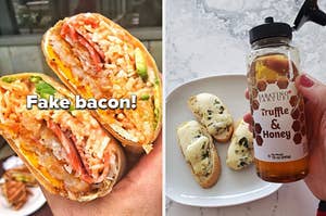 person holding a BLT wrap with vegan bacon in it, person holding a truffle honey bottle in front of bruschetta
