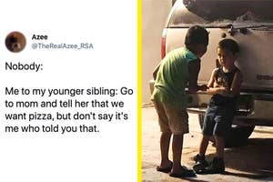 Left: A tweet talking about asking younger siblings to ask their parents for pizza; Right: An older boy talking to their younger brother