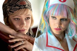 Carey Mulligan close ups from The Great Gatsby and Promising Young Woman. In she wears a head scarf and in the other she wears a pastel coloured wig and a nurse's uniform.