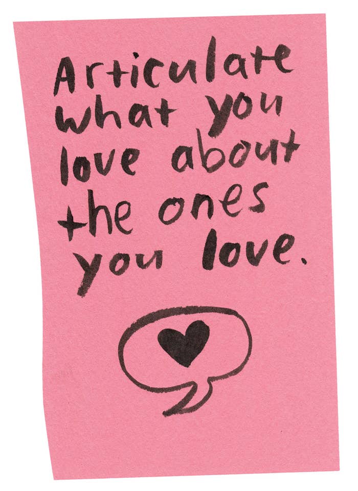 Handwritten text on torn piece of paper, reading &quot;Articulate what you love about the ones you love&quot; over a speech bubble with a heart inside.