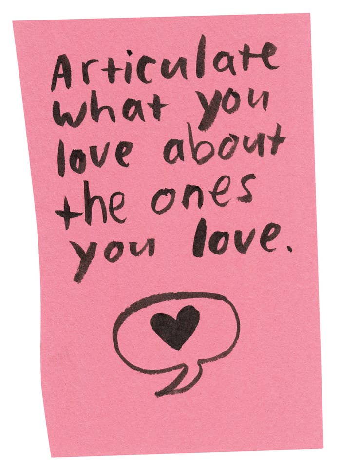 Handwritten text on torn piece of paper, reading "Articulate what you love about the ones you love" over a speech bubble with a heart inside.