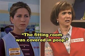 Side-by-side of Jennifer Aniston and Kristen Wiig working as store employees