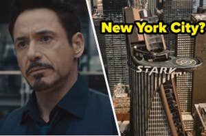 Robert Downey Jr. as Tony Stark in the movie "Avengers: Age of Ultron" and a shot of Stark Tower in NYC from the movie "The Avengers."