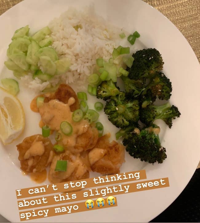 buzzfeed editor's plate of broccoli, rice, and shrimp with sauce captioned 