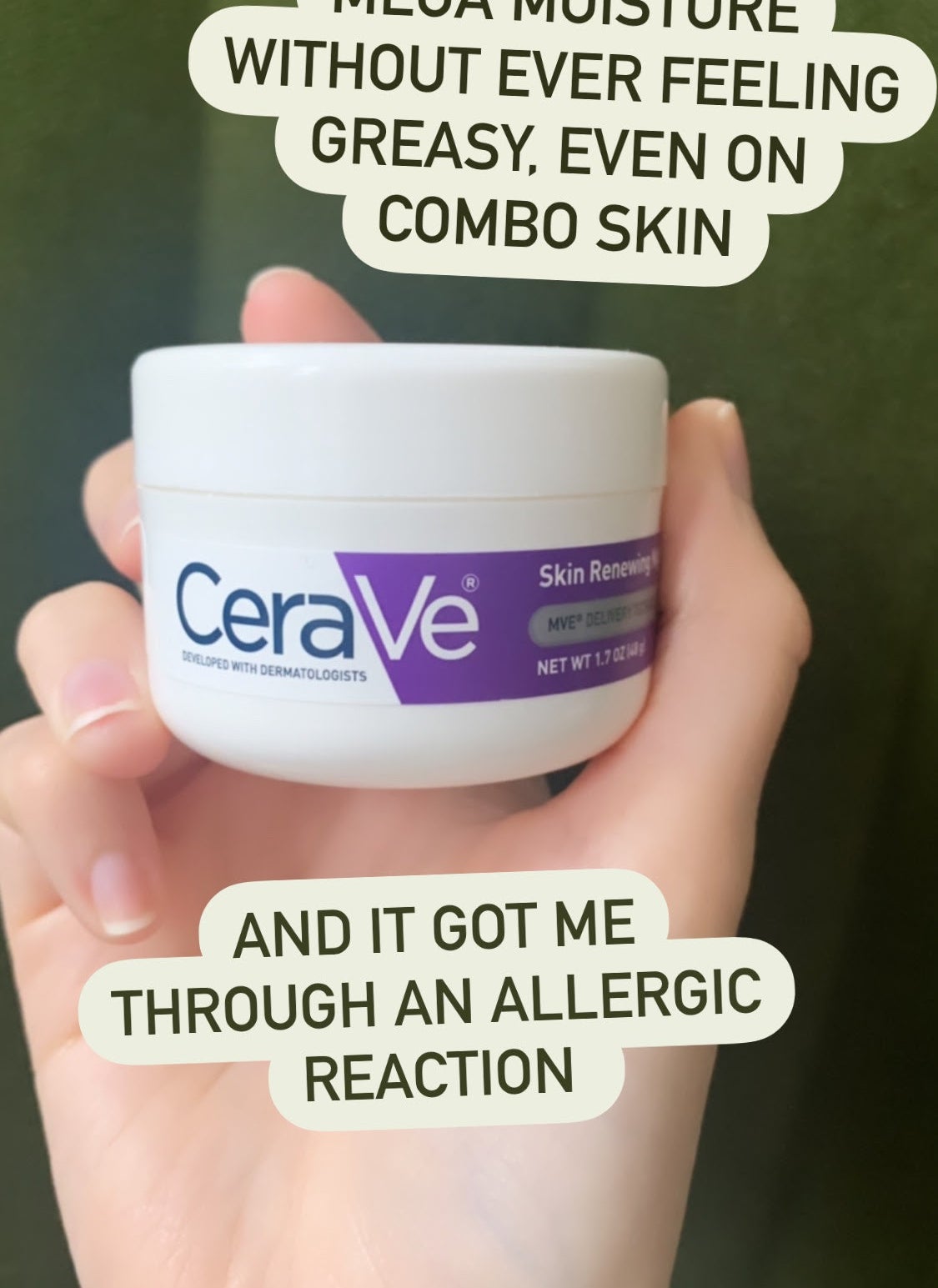 buzzfeed editor holding a jar of cream captioned &quot;mega moisture without ever feeling greasy, even on combo skin, and it got me through an allergic reaction&quot;