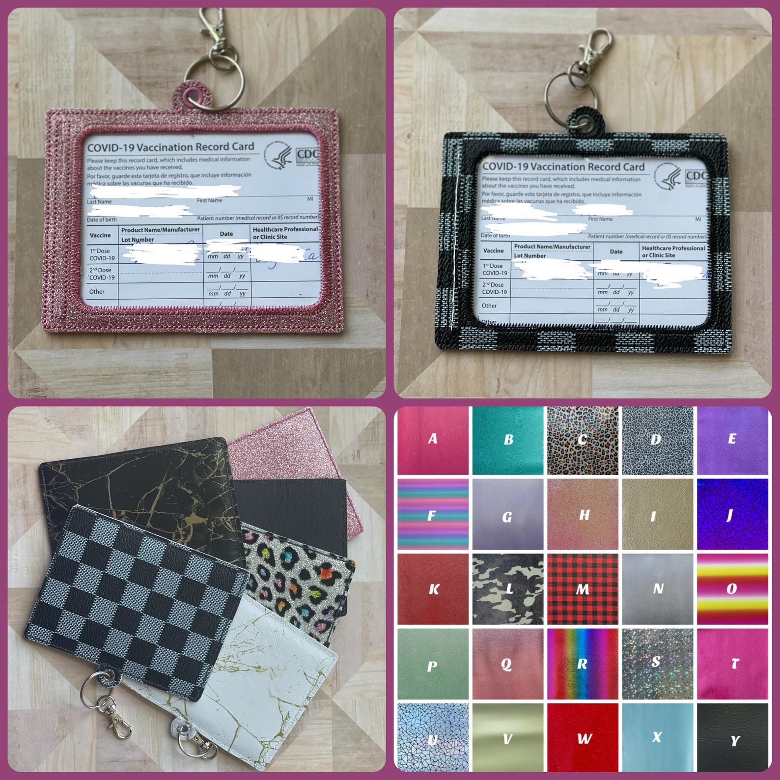Vaccine card holders in a variety of colors and prints with a small hole for a keychain loop 