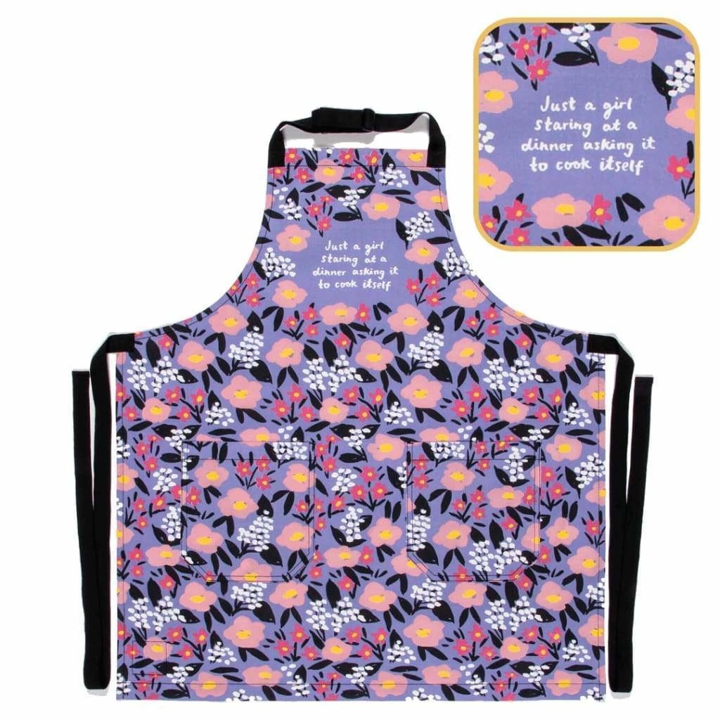 the purple, black, pink, and white floral apron with message on the chest