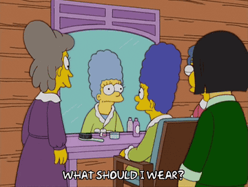 a gif of Marge from &quot;The Simpsons&quot; looking into a mirror saying &quot;What should I wear?&quot; 