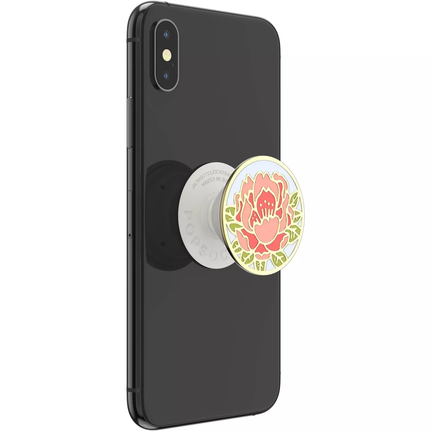 The PopSocket with a pink and green flower on the back of a cell phone