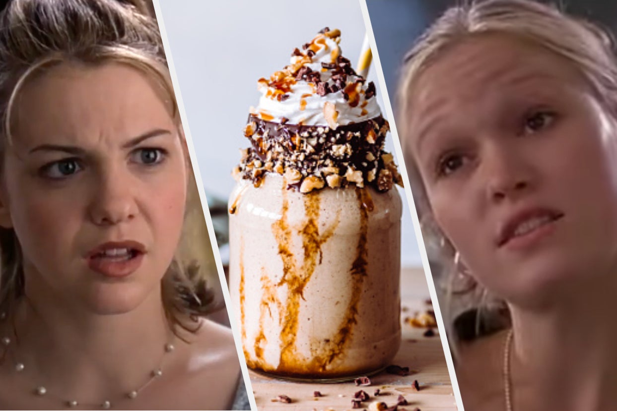 Bianca Stratford is on the left with a chocolate milkshake in the center and Kat Stratford on the right