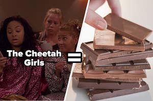 Raven-Symoné as Galleria Garibaldi, Adrienne Bailon as Chanel Simmons, and Sabrina Bryan as Dorinda Thomas in the movie "The Cheetah Girls 2" and a hand picks a piece of chocolate.