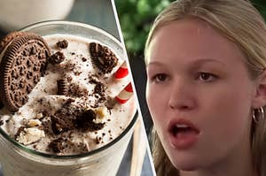 An Oreo milkshake is on the left with Julia Stiles and her mouth wide open on the right