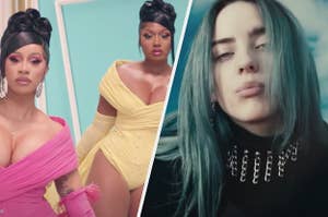 Cardi B and Megan Thee Stallion are on the left with Billie Eilish on the right