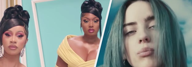 Cardi B and Megan Thee Stallion are on the left with Billie Eilish on the right