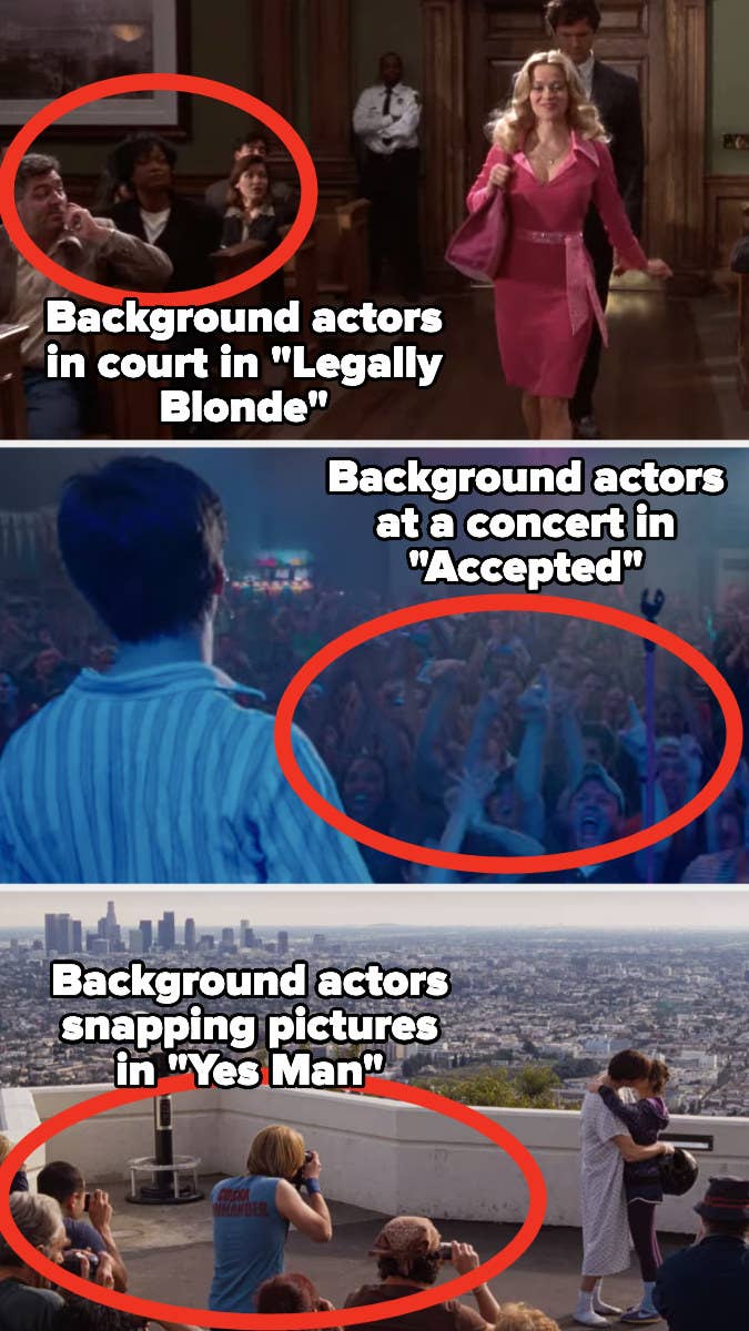 Background actors circled in scenes from "Legally Blonde," "Accepted," and "Yes Man"