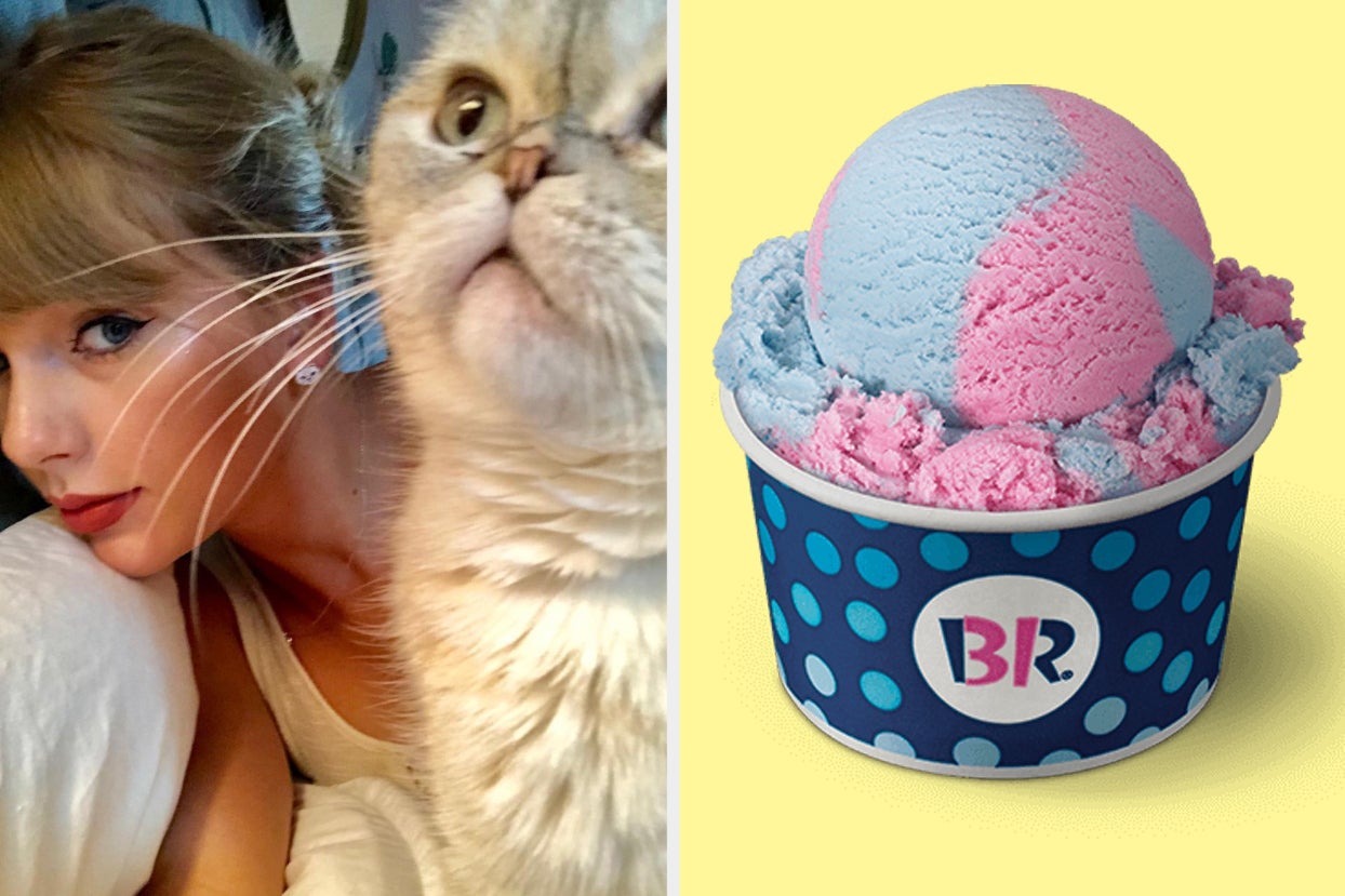 On the left, Taylor Swift taking a selfie with her cat, Meredith, and on the right, a scoop of cotton candy ice cream from Baksin-Robbins