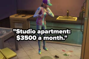 filthy apartment on "The Sims" captioned, "Studio apartment: $3500 a month"