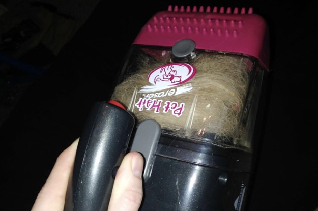 A customer review photo of them holding up the vacuum filled with hair