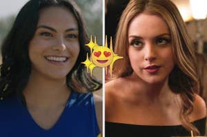 Camila Mendes as Veronica Lodge in the show "Riverdale" and Elizabeth Gillies as Fallon Carrington in the show "Dynasty."